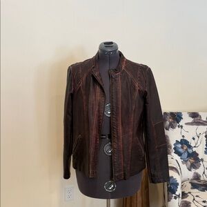 Maurices Chocolate Leather Jacket with Crimson Details